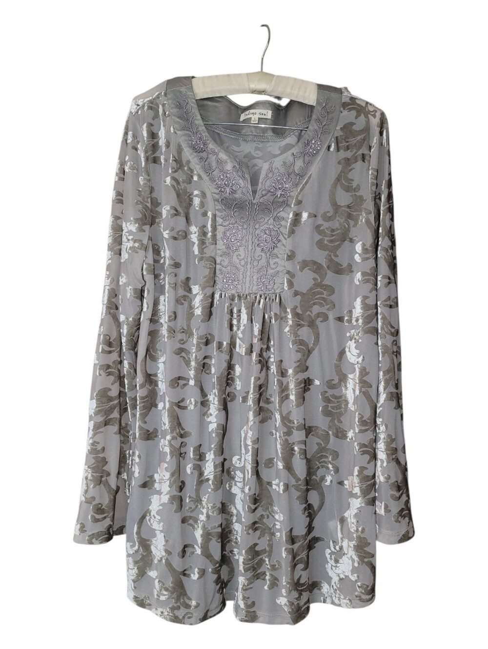 Indigo Soul Exquisite Boho Velvet Embroidered Long Sleeved Top L